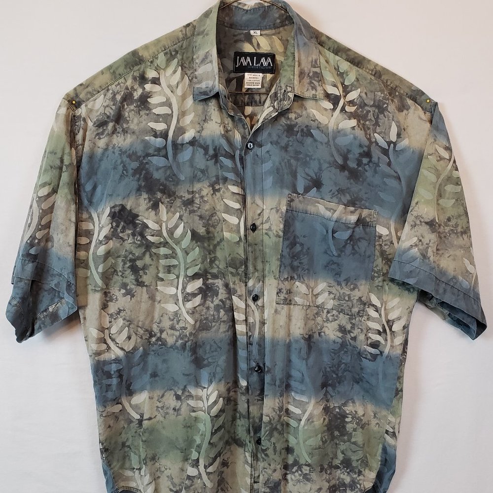 Java Lava Shirt Mens XL Blue Hawaiian Art Abstract Tropical Cotton Button Up